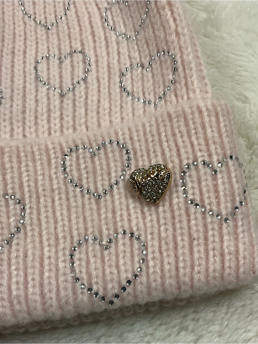 Juicy Couture Pink Rhinestone Heart Pom Beanie Knit Hat One Size